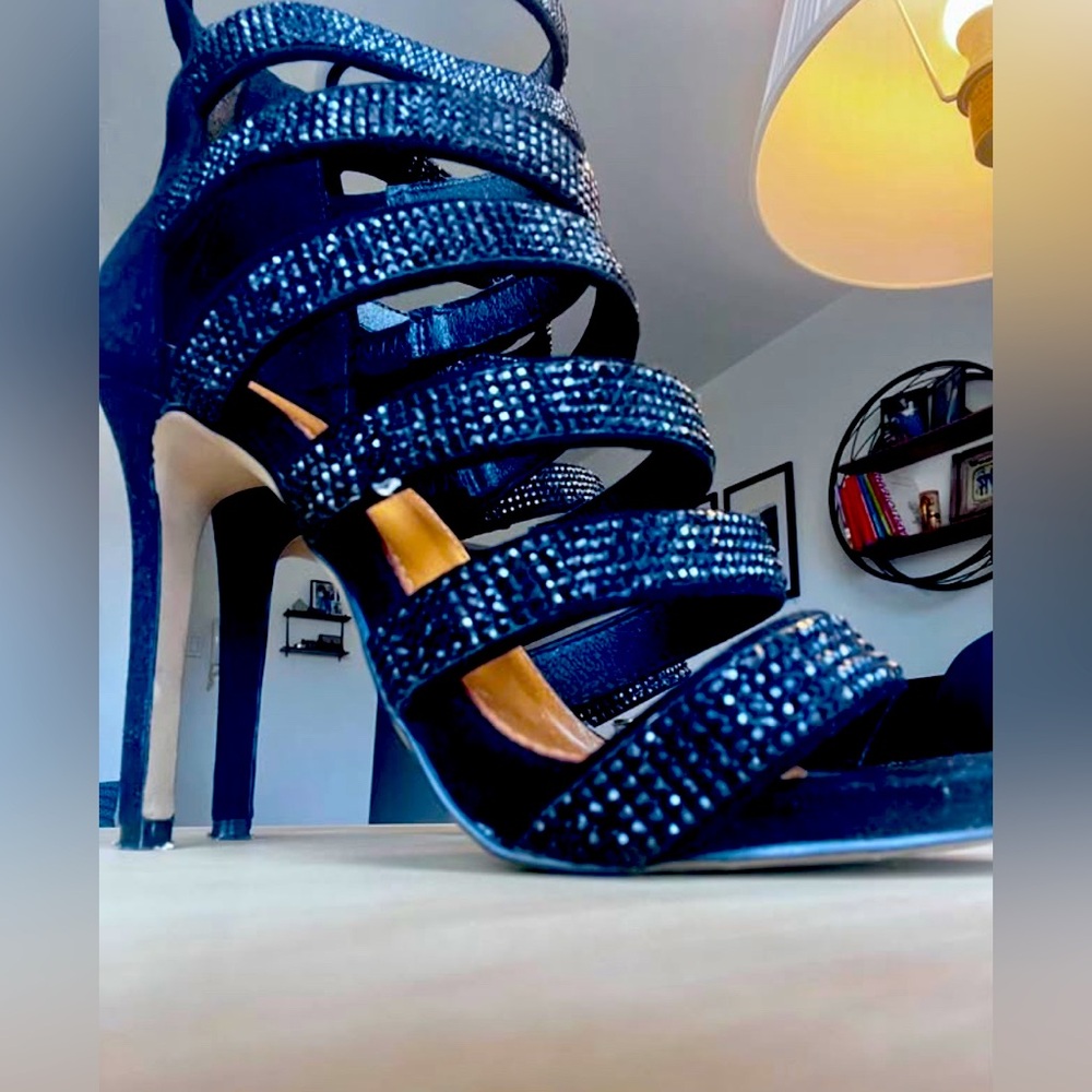 EXE Strappy Rhinestone Heels – Black Real Leather Insole, Size  EU 37